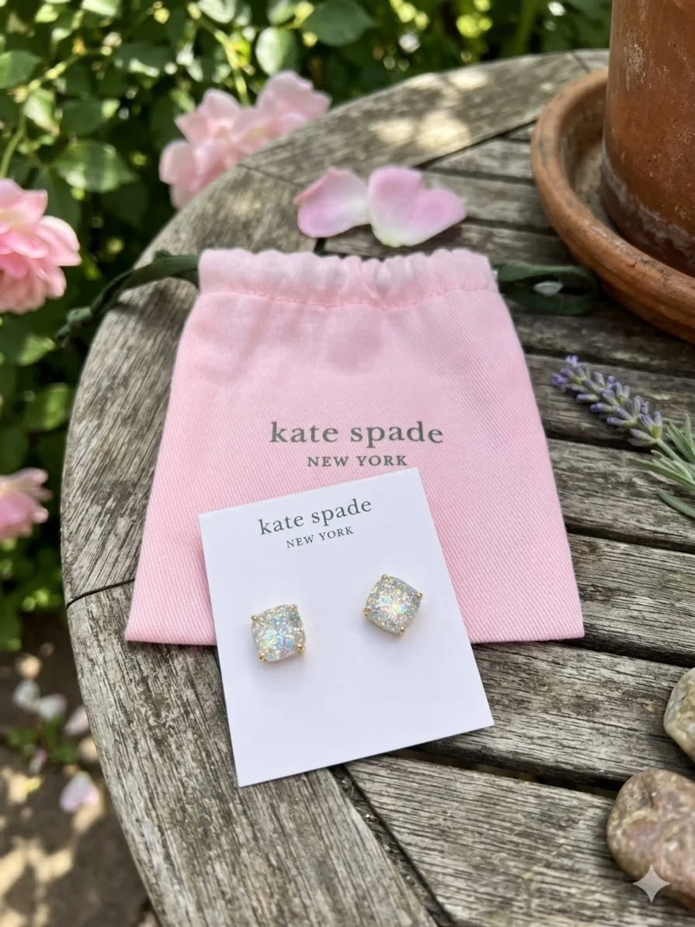 kate spade Kids Pink Pouch with Iridescent Glitter Gold-Setting Stud Earrings